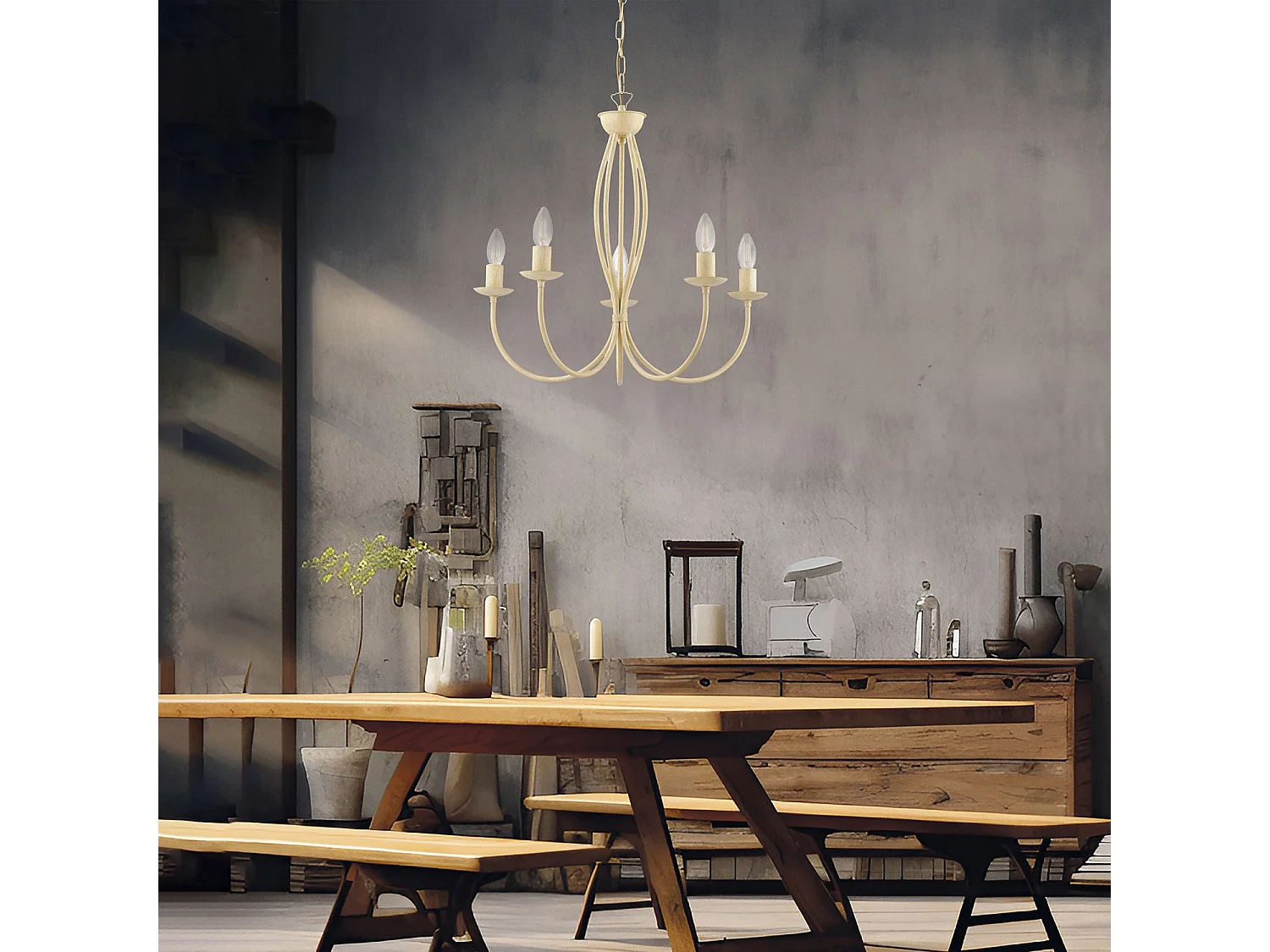 Botte Lustre en fer laqué ivoire à décor effet décapé, 5 lumières 113 d.55 BL147-5-AV