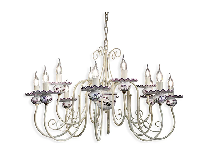 Lampadario Classico Sanremo Metallo E Ceramica Bianco Sfumato Oro 12 Luci E14