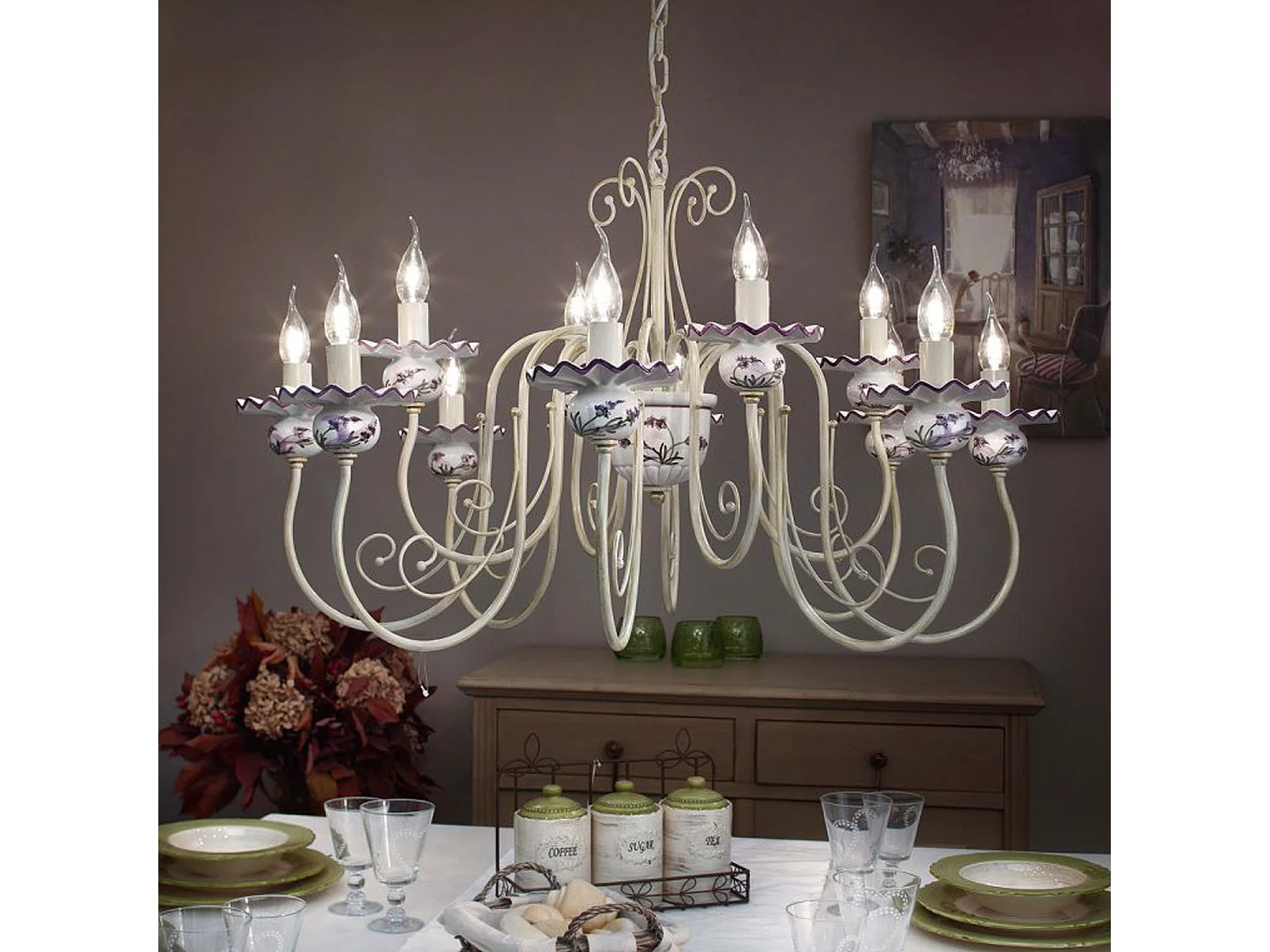 Lampadario Classico Sanremo Metallo E Ceramica Bianco Sfumato Oro 12 Luci E14