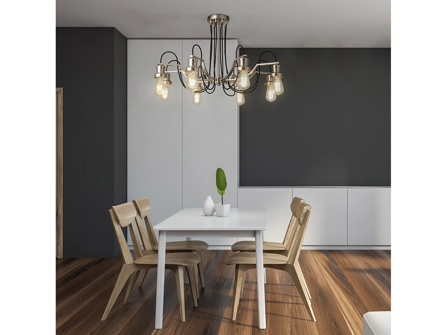 Searchlight Olivia Soffitto 8 Luci, Cavo Tessuto Intrecciato Nero, Argento Satinato