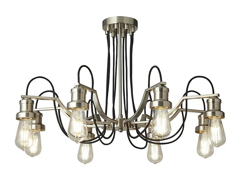 Searchlicht Olivia 8-flammige Decke, schwarzes geflochtenes Stoffkabel, Satinsilber