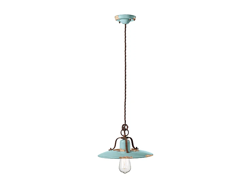 Lampadario Vintage Country Ferro E Ceramica Azzurro 1 Luce E27 30Cm