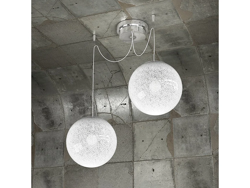 Sospensione Contemporanea Glitter Metallo Cromo Vetro Soffiato Trasp 2 Luci E14