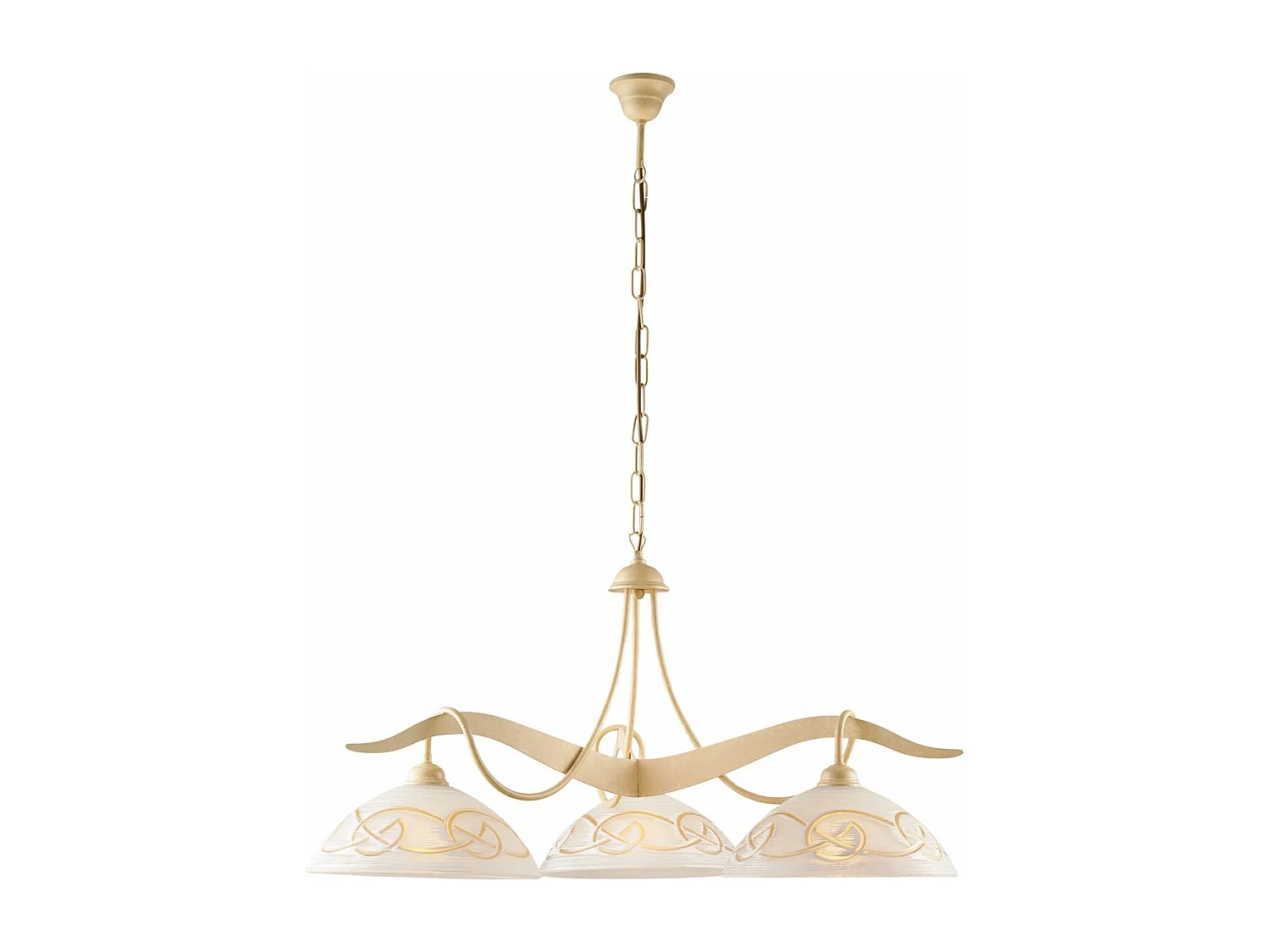 Lustre Bilbao fer ivoire, effet décapé, verre d.30 blanc et ambre, 3 lumières d.89 cm, ambiance champêtre