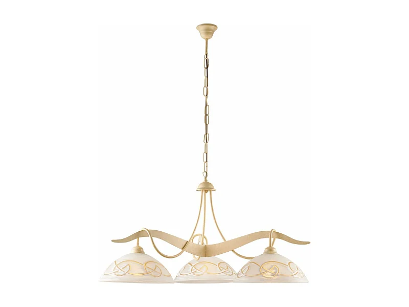 Lustre Bilbao fer ivoire, effet décapé, verre d.30 blanc et ambre, 3 lumières d.89 cm, ambiance champêtre