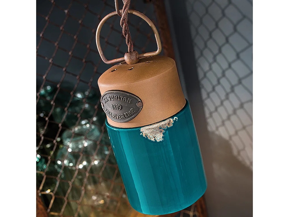 Lampadario Vintage Industrial Cilindrica Ferro E Ceramica Verde 1 Luce E27