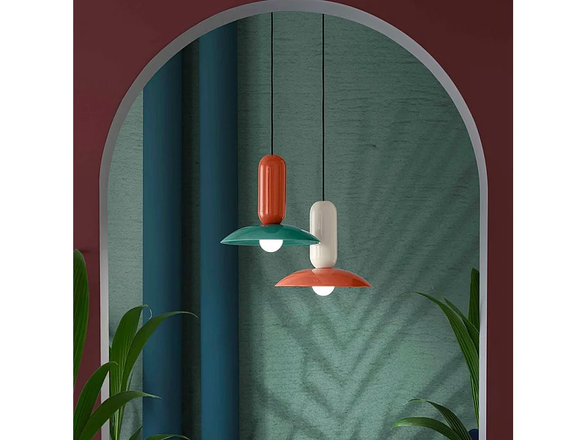 Lampadario Vintage Decò Pau Ceramica Arancio Pokè E Crema 1 Luce E27