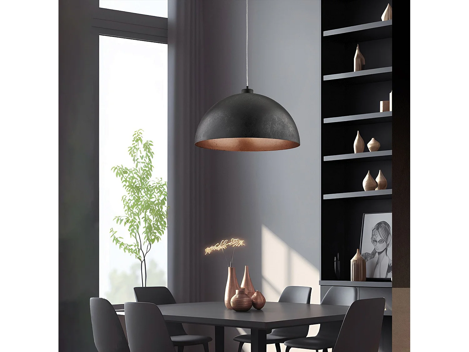 Suspension Marcus d.50 cm, fer noir, intérieur cuivre antique, câble réglable, finition noire élégante, 1 lumière