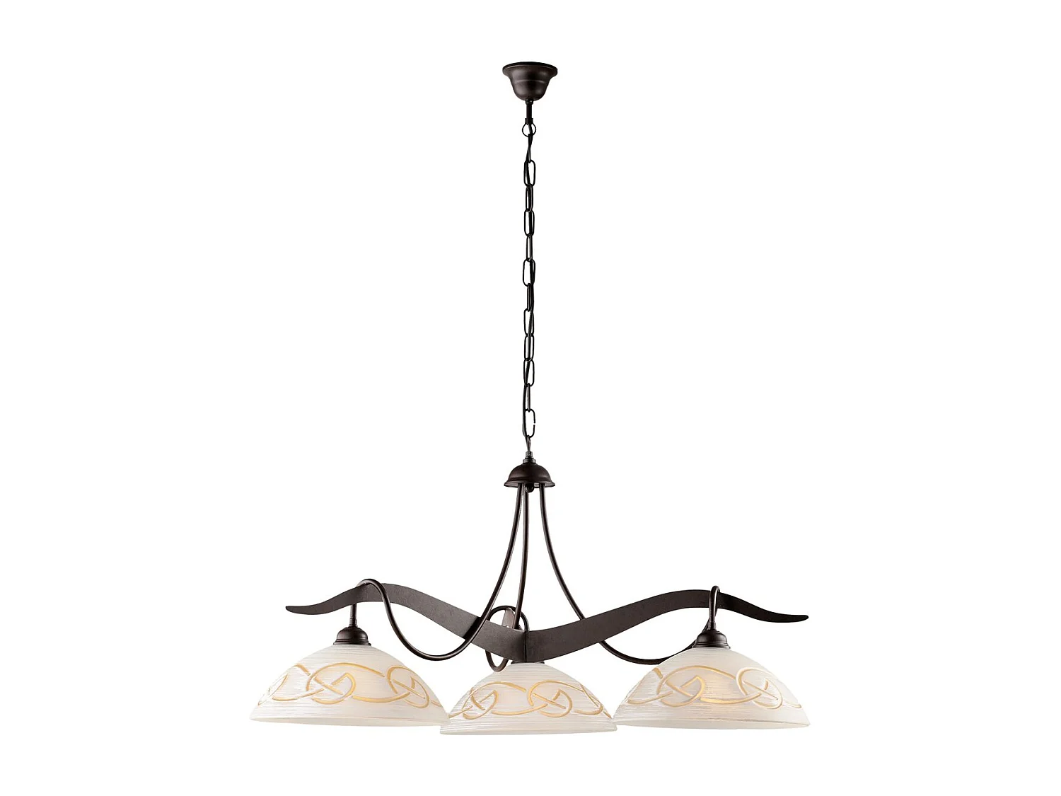 Lustre Bilbao fer noir, déco rouille, diffuseurs verre d.30 blanc et ambre, 3 lumières d.89 cm, style rustique