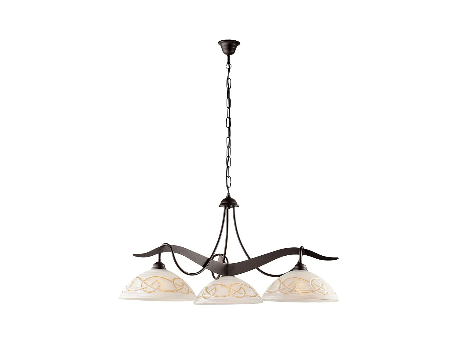 Lustre Bilbao fer noir, déco rouille, diffuseurs verre d.30 blanc et ambre, 3 lumières d.89 cm, style rustique
