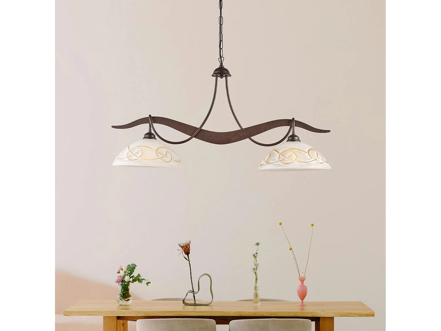 Belight -  Bilbao – Kronleuchter schwarz, Rostoptik, Glas weiß/bernstein Ø30, L89x30, 2-flammig – BL324-2-RG