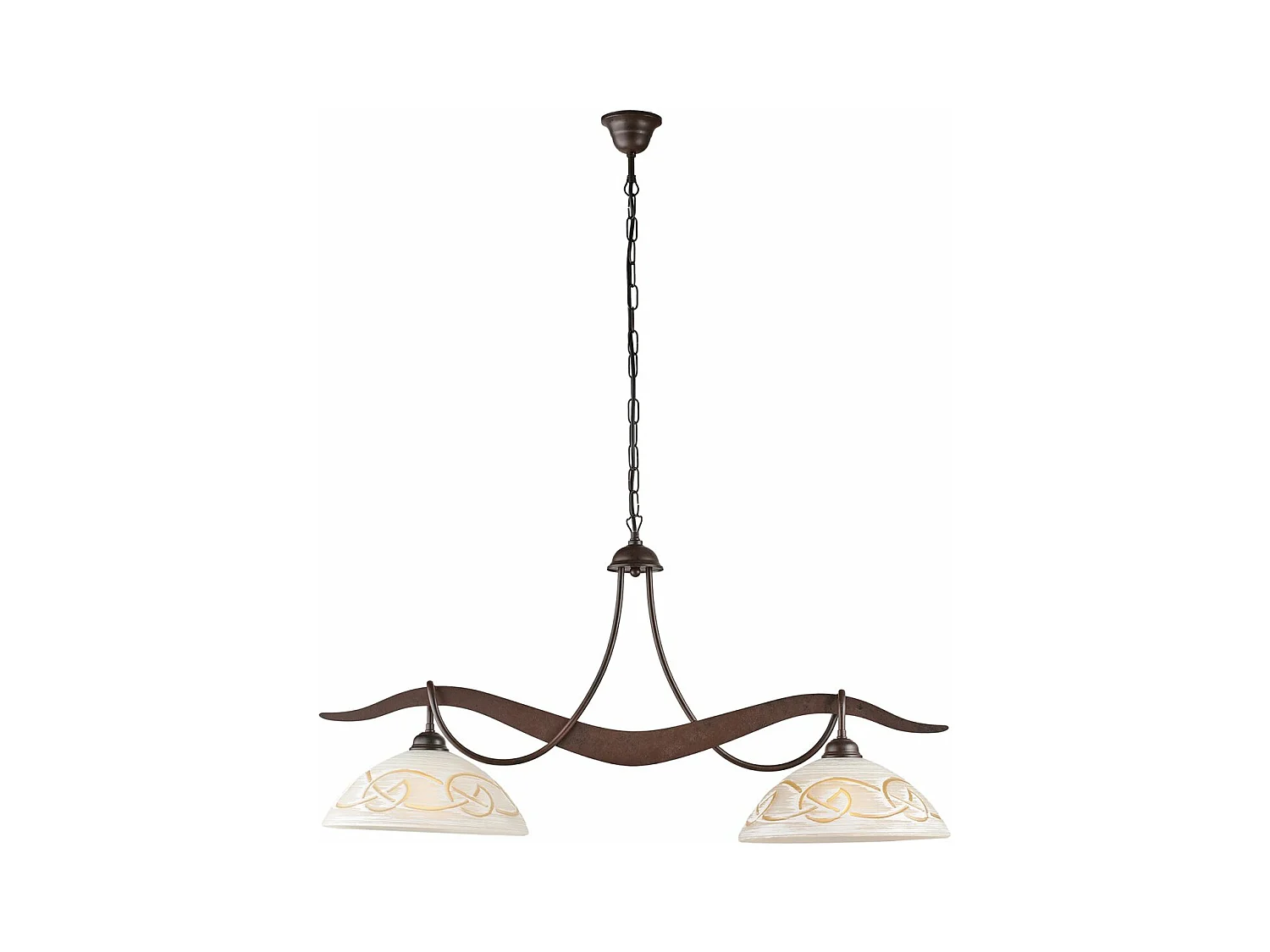 Lustre Bilbao fer noir, déco rouille, diffuseurs verre d.30 blanc et ambre, 2 lumières 89x30 cm, design artisanal