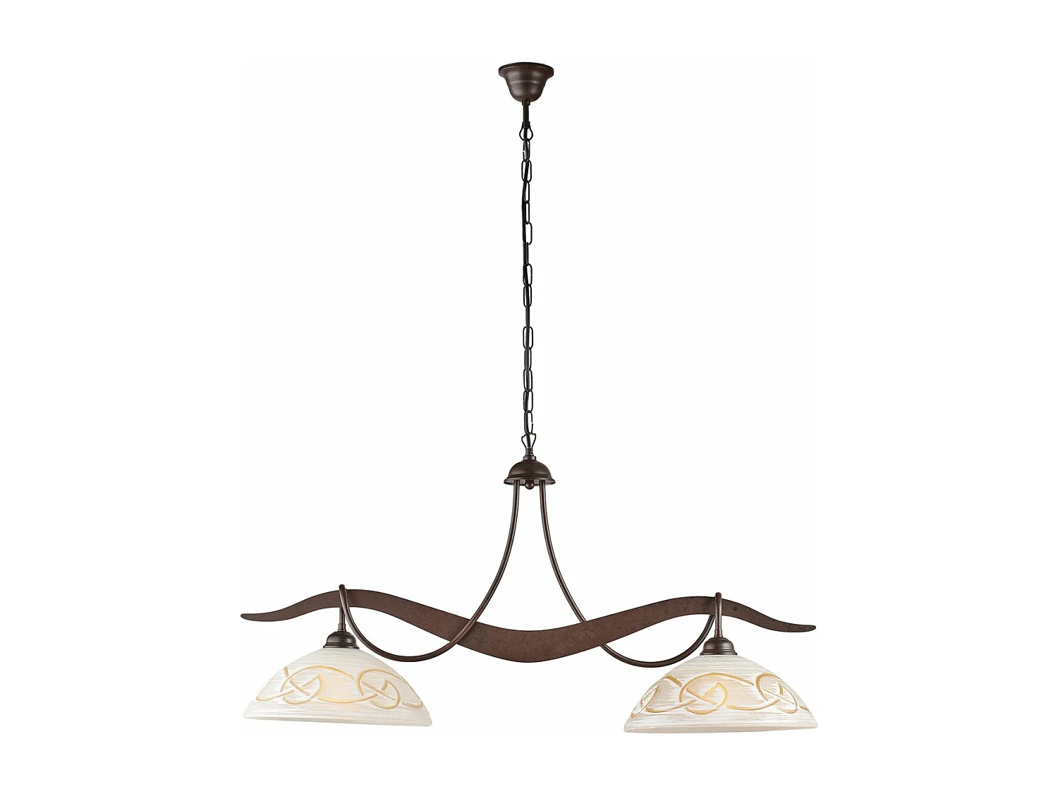 Lustre Bilbao fer noir, déco rouille, diffuseurs verre d.30 blanc et ambre, 2 lumières 89x30 cm, design artisanal