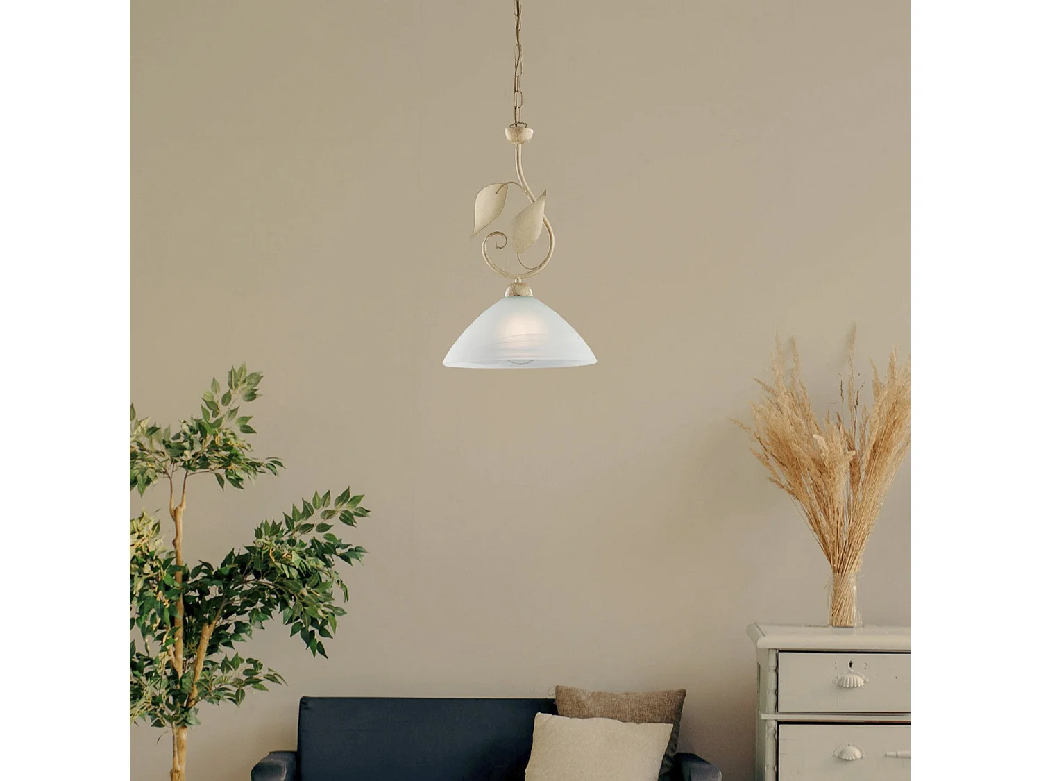 Sospensione Classica Esse 1 Luce Ferro Battuto E Vetro Avorio E Oro