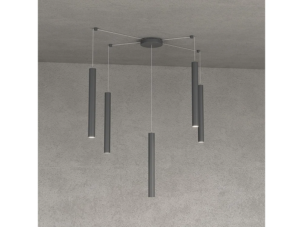 Round Tube Sospensione 5 Luci Grigio Antracite Cavo Cm.250 Con Base