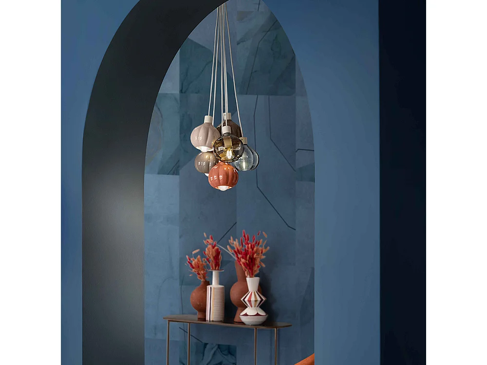 Lampadario Mix Vintage Decò Afoxe' Alluminio Ceramica Vetro 6 Luci E14