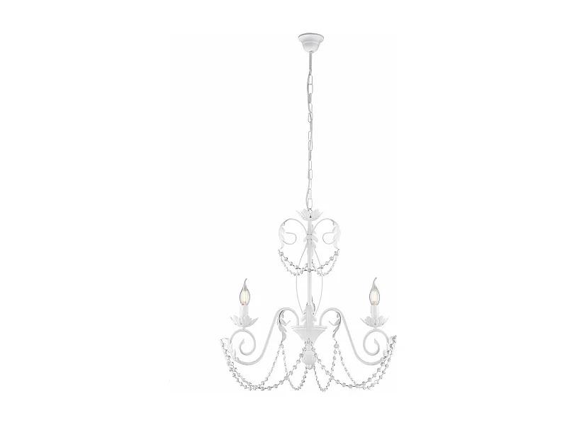 Damasco - Lustre em ferro lacado branco com decoração. efeito shabby chic e strass cristal 3 luzes 120 - Ø47 - BL77-3-BCO