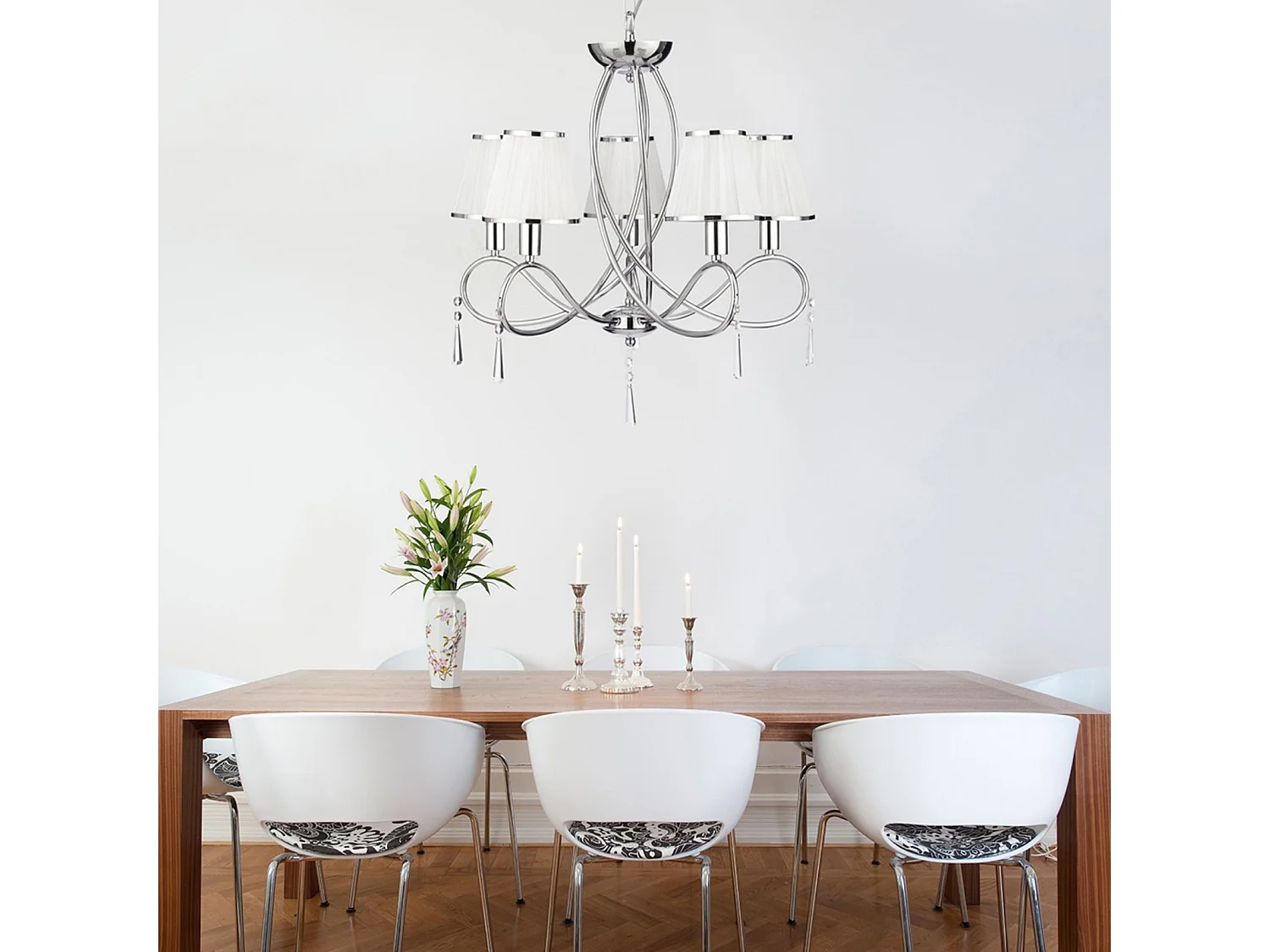 Searchlight Simplicity - Sospensione a soffitto a 5 luci multibraccio cromata, cristalli con paralumi, attacco E14