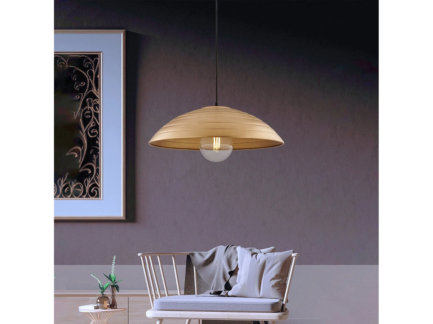 Suspension Expéditeur d.50 cm, fer noir, déco or antique, câble tissu réglable, 1 lumière, style rétro raffiné