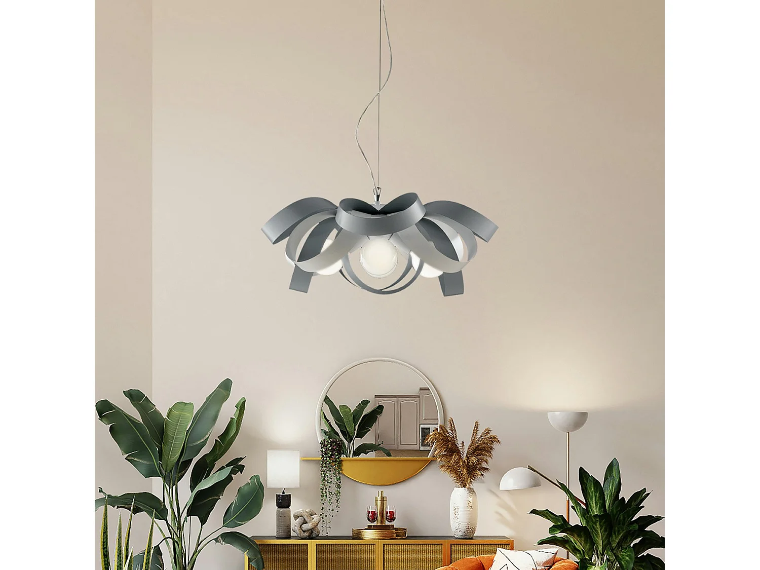 Primula Suspension en fer laqué blanc et gris avec câble acier orientable 4 lumières 138 d.66 BL145-4-BG