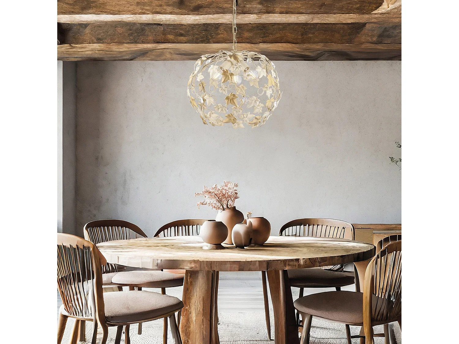 Edera Lustre en fer laqué ivoire décor or antique et strass cristal 3 lumières 105 d.50 BL50-3-AV