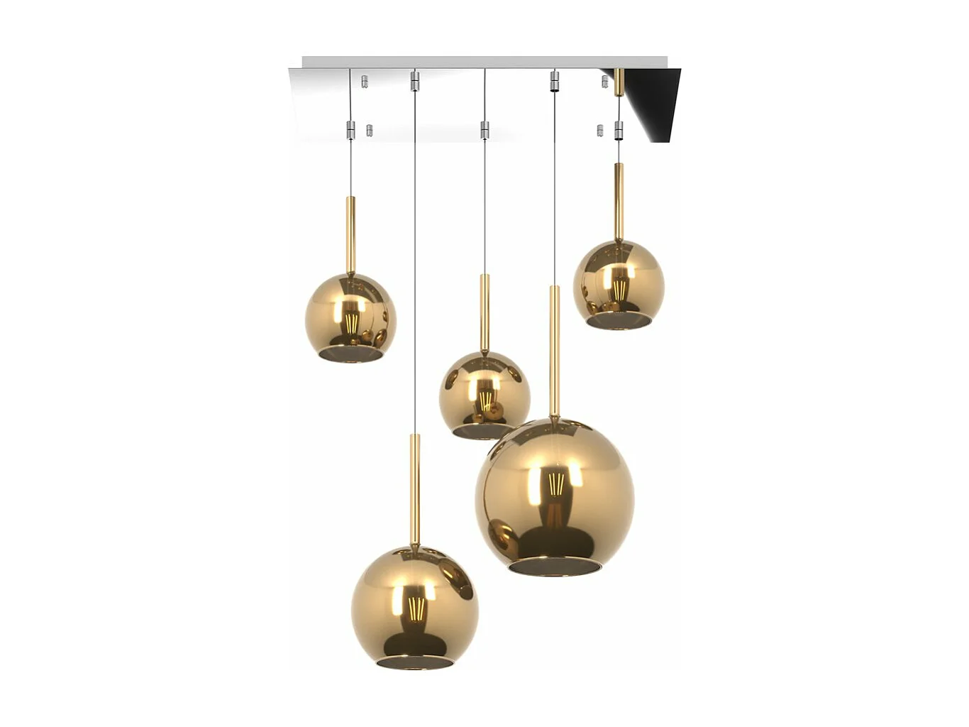 Sosp. Cromo Rettangolare 5 Luci Vetri (1 Grande+1 Medio+3 Piccolo) Tutti Oro