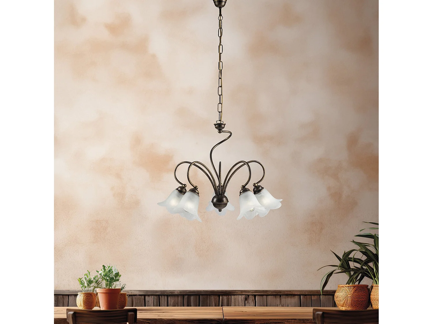 Lustre Alice fer marron, déco or antique, verre albâtre d.14, 5 lumières d.57 cm, design rétro élégant