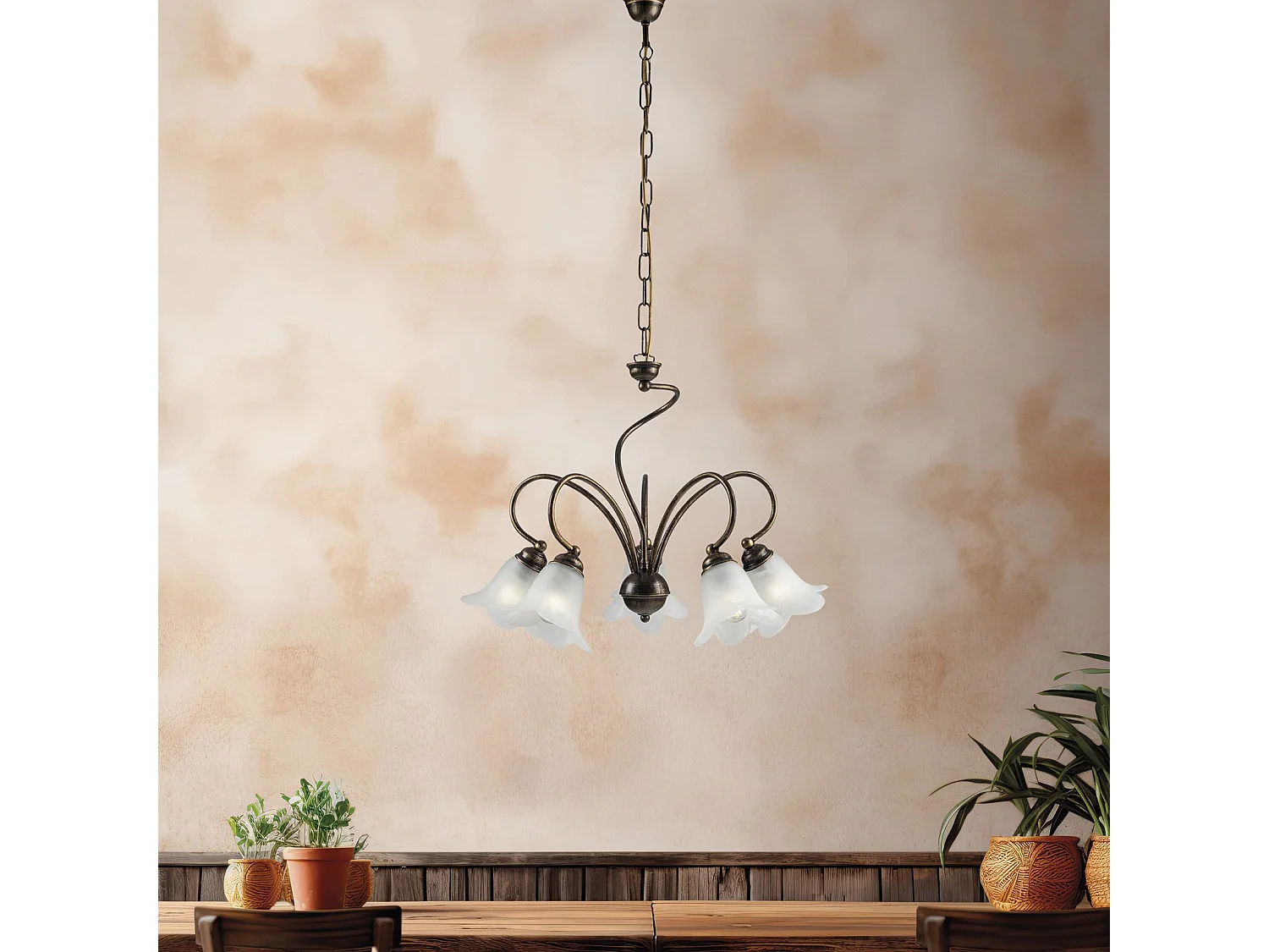 Lustre Alice fer marron, déco or antique, verre albâtre d.14, 5 lumières d.57 cm, design rétro élégant