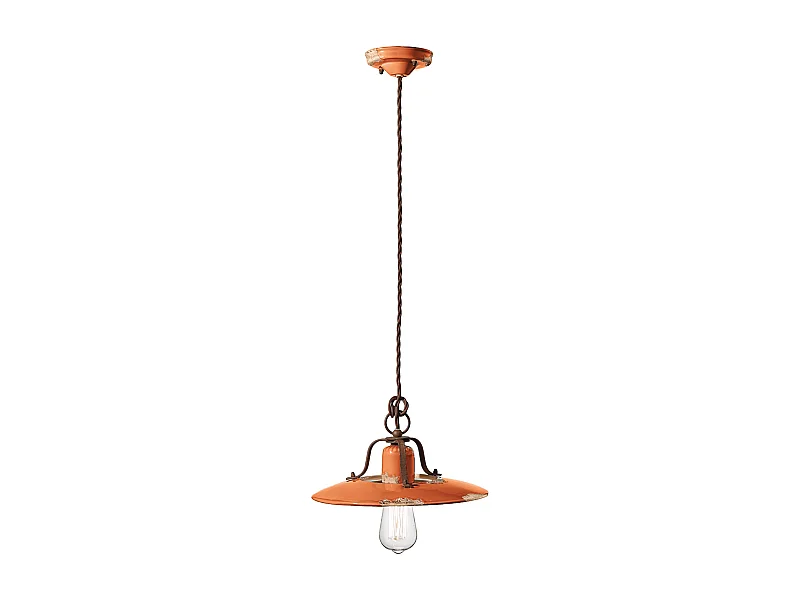 Lampadario Vintage Country Ferro E Ceramica Arancio 1 Luce E27 30Cm