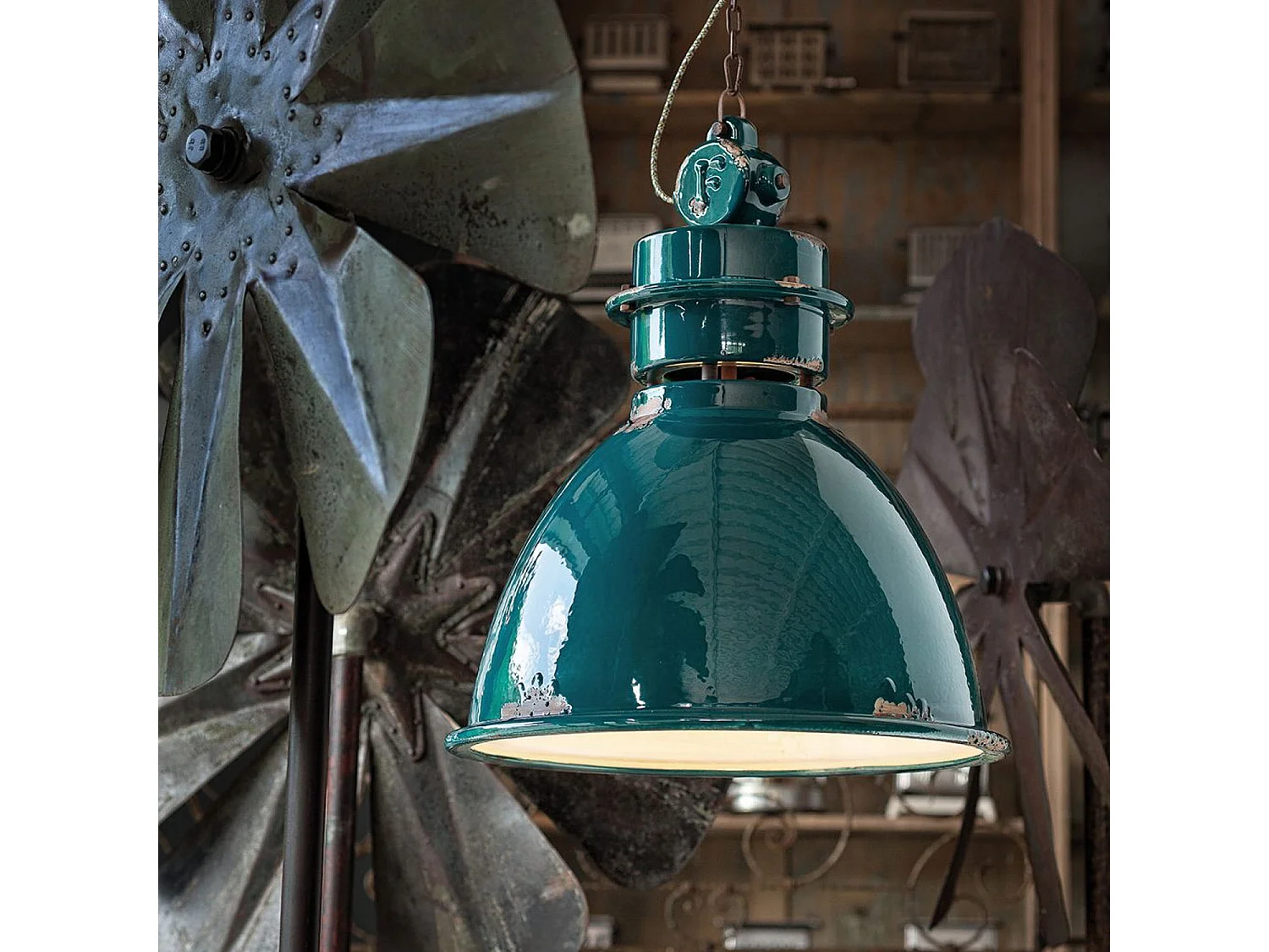 Lampadario Industrial Ferro E Ceramica Vintage Verde 1 Luce E27 50Cm