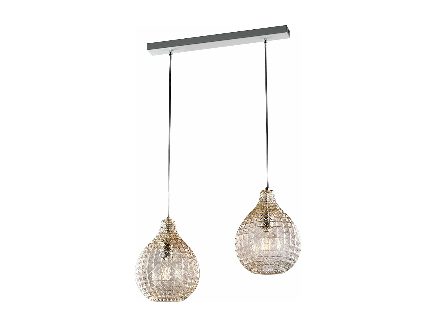 Diamante Calha em ferro branco e moldura cromada com cabos reguláveis ​​e difusores em vidro soprado âmbar com dec. 2 efeitos de cristal de luz