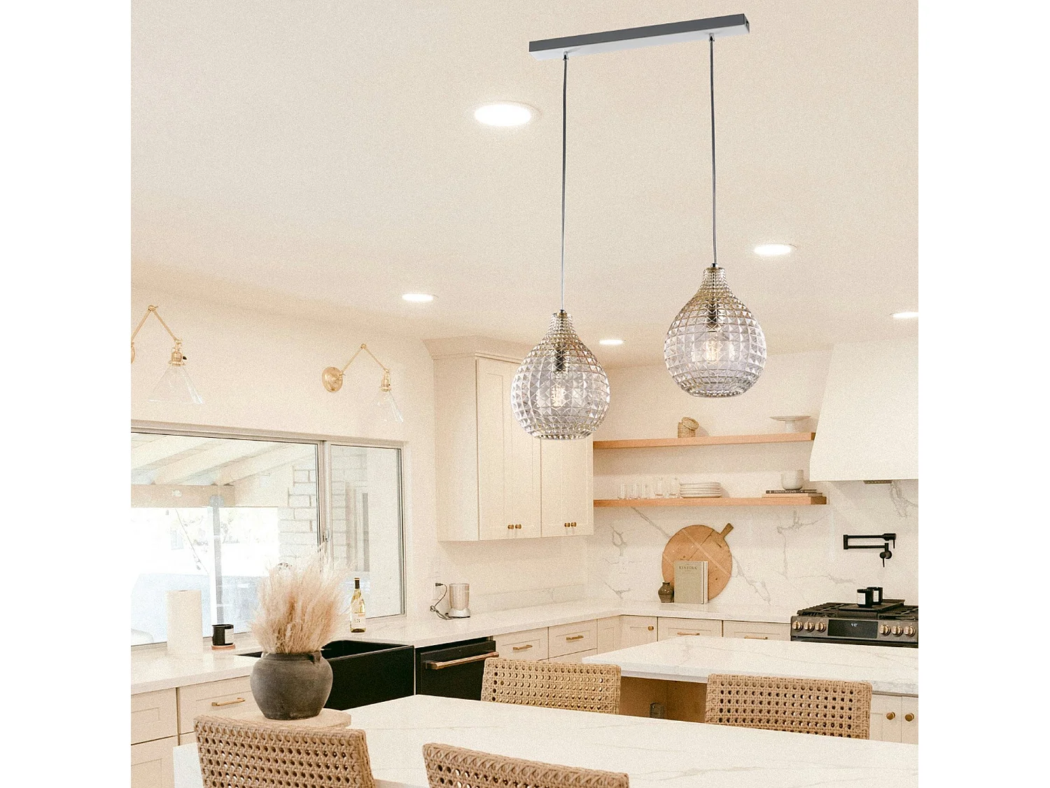 Diamante Calha em ferro branco e moldura cromada com cabos reguláveis ​​e difusores em vidro soprado âmbar com dec. 2 efeitos de cristal de luz