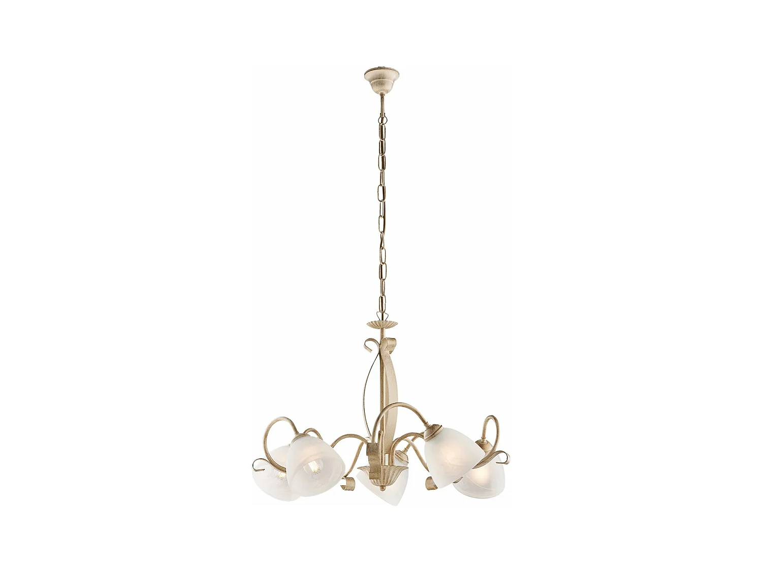 Lustre Forgiato fer ivoire, déco or antique, verre albâtre d.13, 5 lumières d.64 cm, parfait pour déco traditionnelle