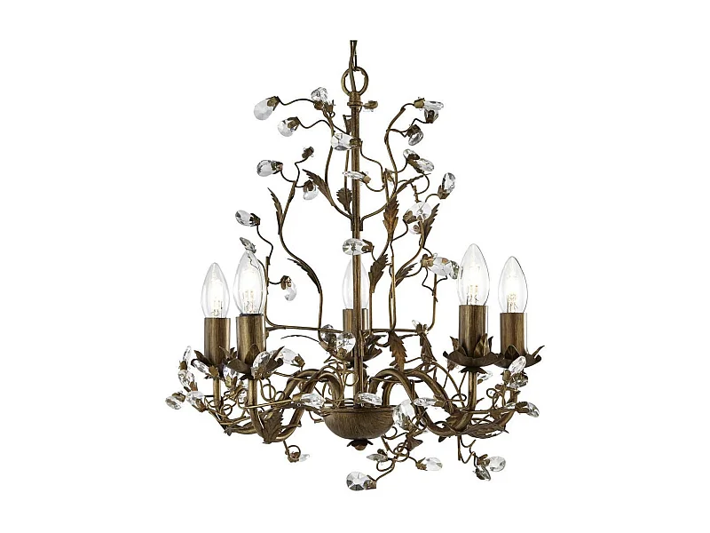 Searchlight Almandite Pendentif de plafond à 5 bras multiples, feuilles florales, or brun avec cristaux, E14