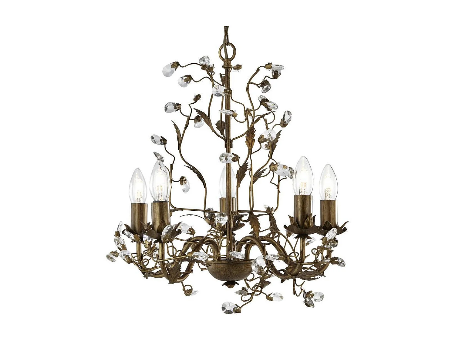 Lampadario Classico Almandita Acciaio Marrone Vetro Oro 5 Luci E14