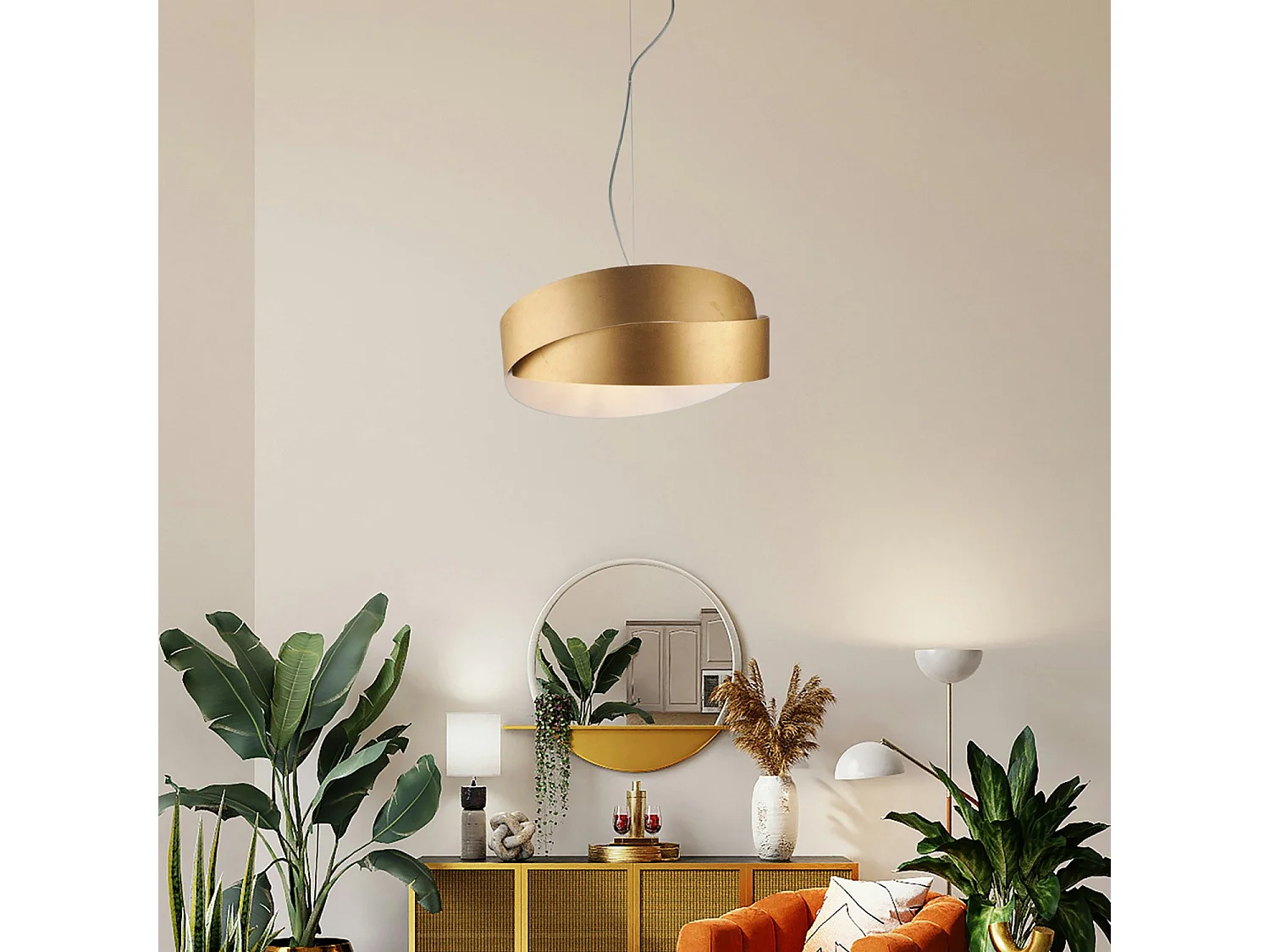 Astro - Suspensão em ferro lacado branco com deco ouro antigo e cabo de aço ajustável 2 luzes 122 - Ø46 - BL207-2-BOR