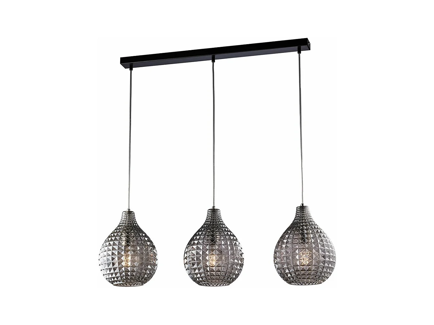Rail Diamante noir, cadre chromé, verre soufflé miroir gris effet cristal, câbles réglables, 3 lumières modernes