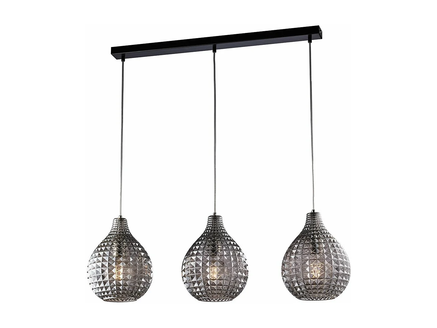 Rail Diamante noir, cadre chromé, verre soufflé miroir gris effet cristal, câbles réglables, 3 lumières modernes