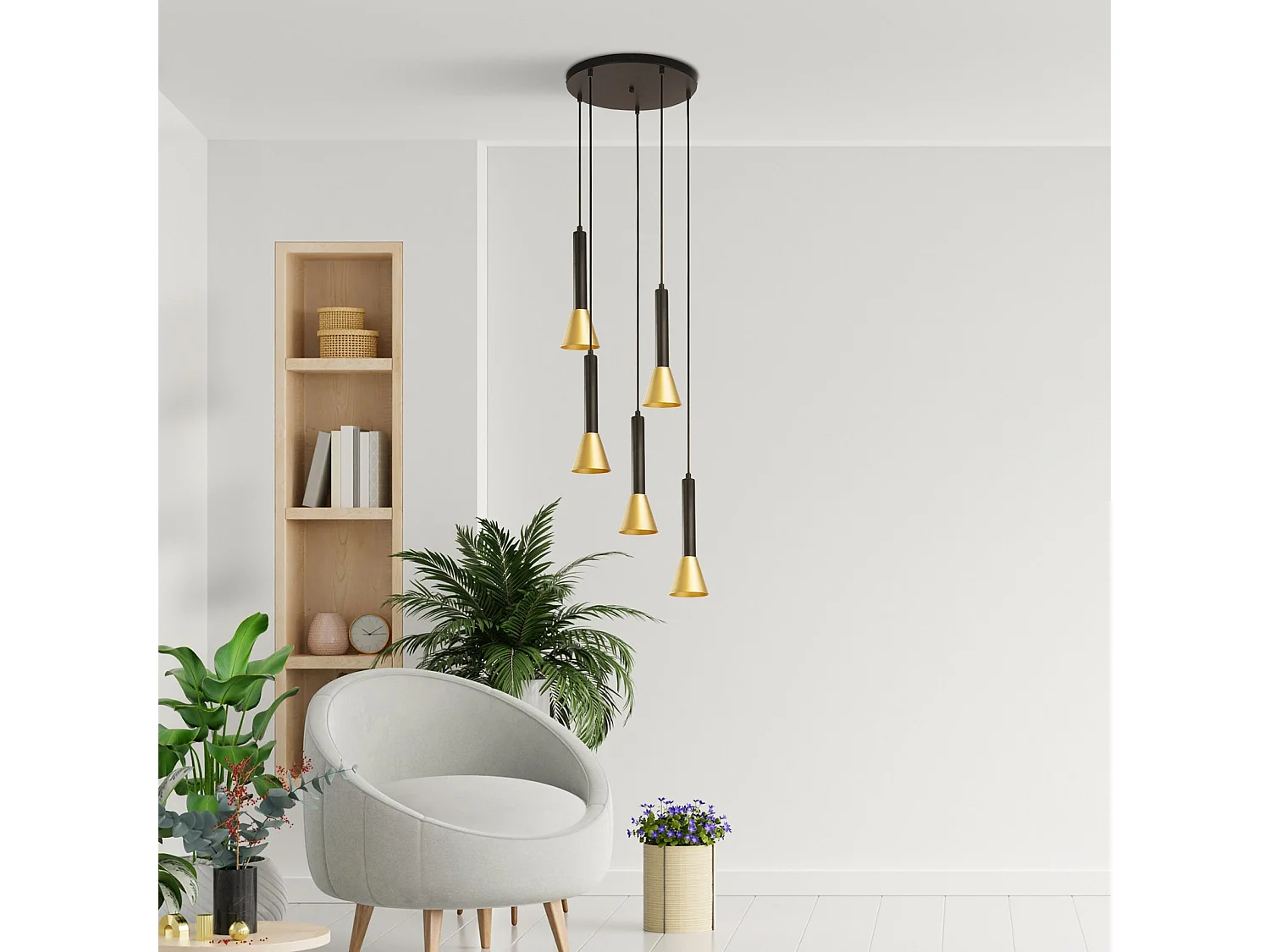 Searchlicht Signal 5-flammige Multi-Tropfen-Hängeleuchte aus schwarzem, goldfarbenem Metall