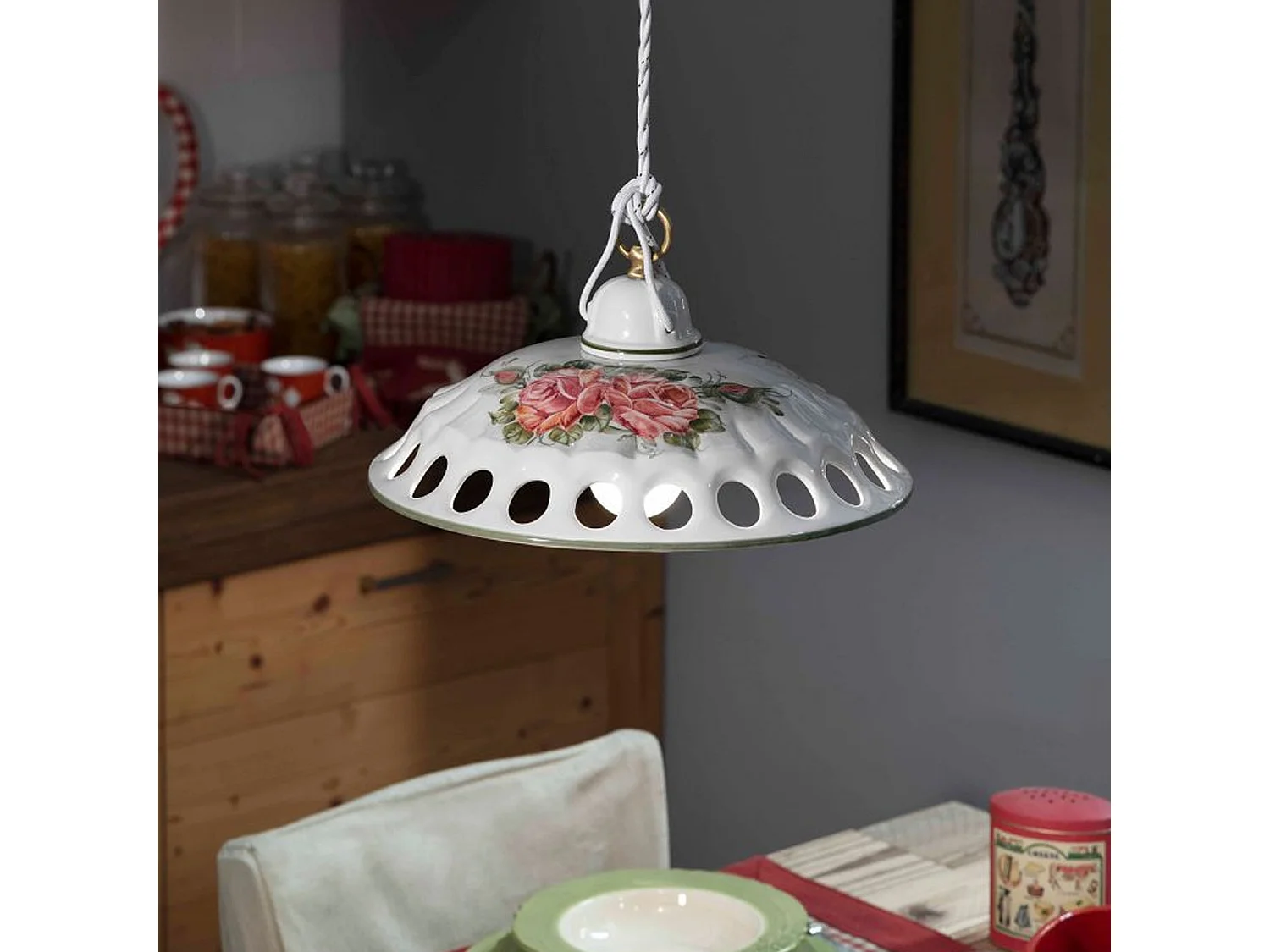 Lampadario Classico Napoli Ceramica E Ottone Satinato Decorato 1 Luce E27