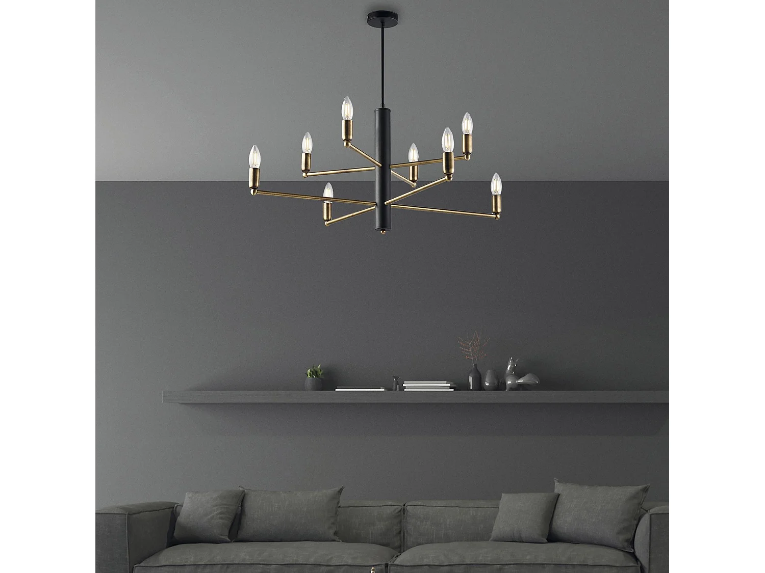 Isak – Pendelleuchte aus schwarz lackiertem Eisen mit gebürstetem, brüniertem Messing-Finish, 8 Lichter, H.66 – Ø86 – BL311-8-NR