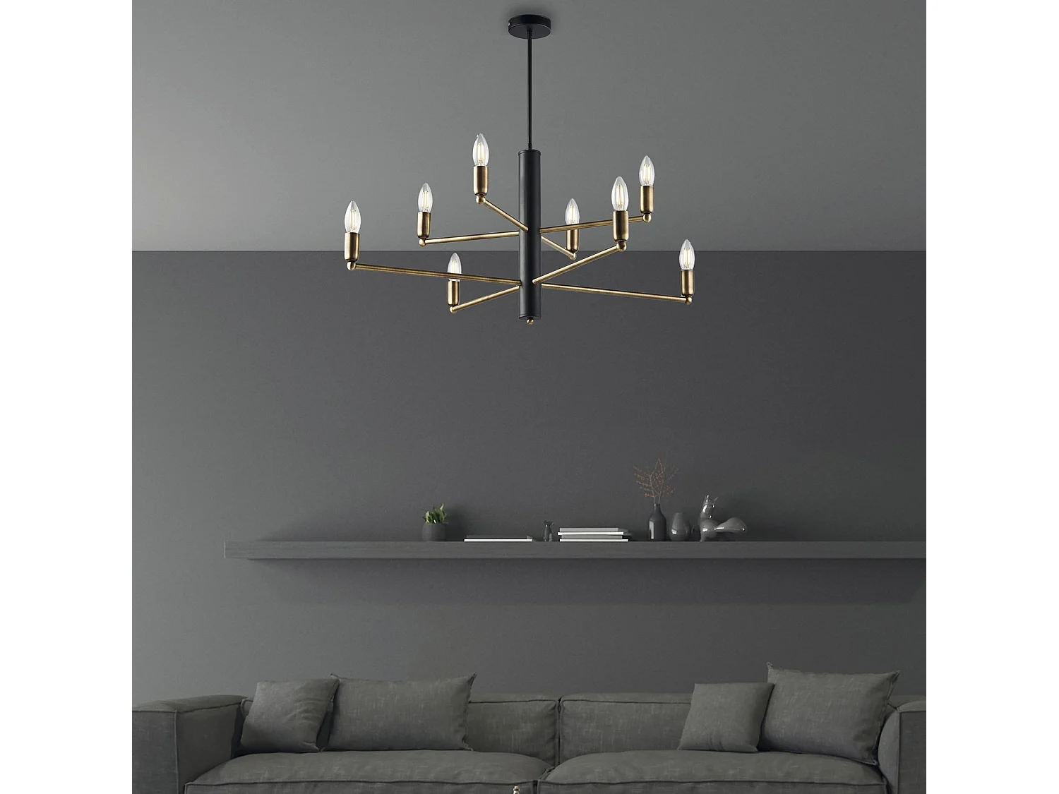 Suspensão Isak em ferro preto com acabamento em latão escovado polido 8 luzes H.66 Ø86 BL311-8-NR
