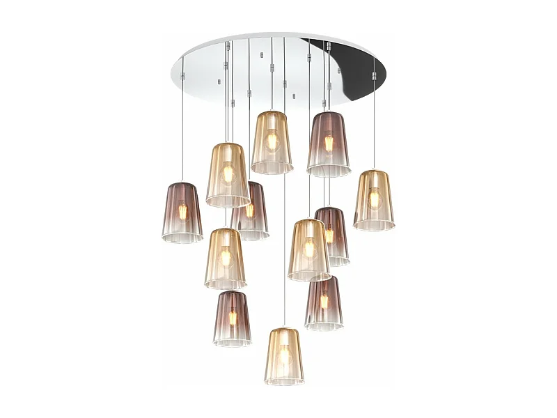 Sospensione Contemp. Rosone Tondo Shaded Metallo Cromo Vetro Ambra Rame 12 Luci