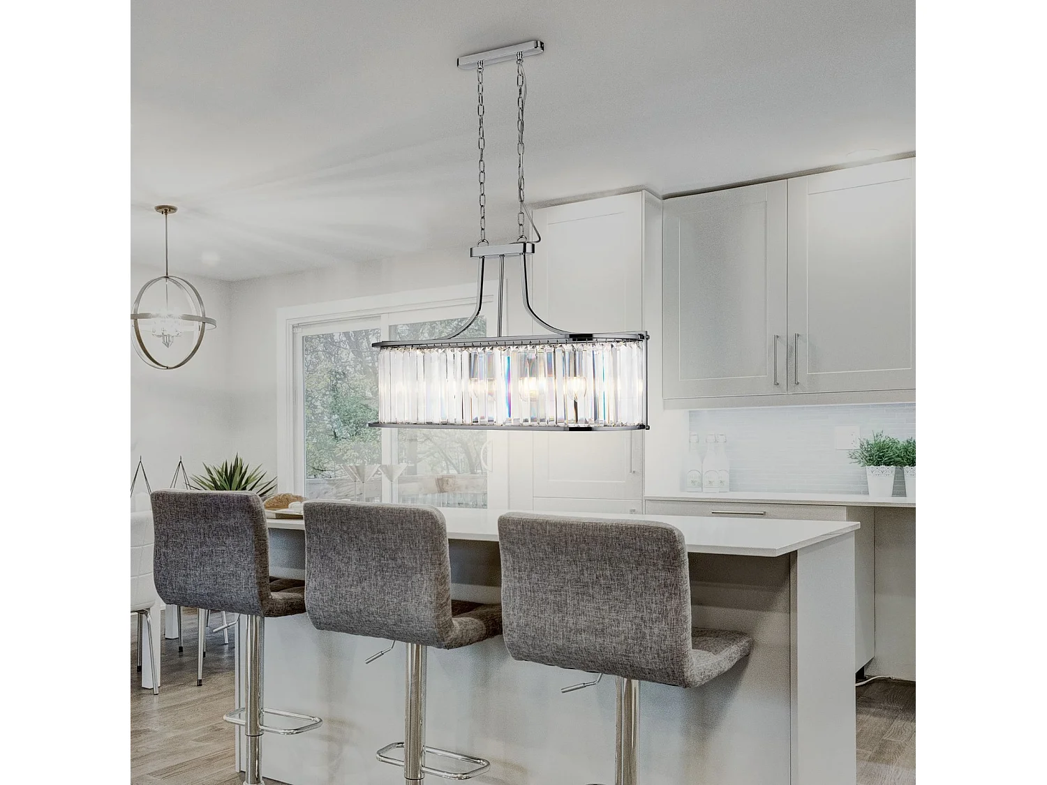 Lampadario Contemporaneo Victoria Acciaio Cromo Vetro 5 Luci E27