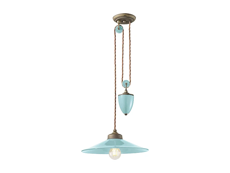 Lampadario Vintage Colors Saliscendi Ferro E Ceramica Azzurro 1 Luce E27