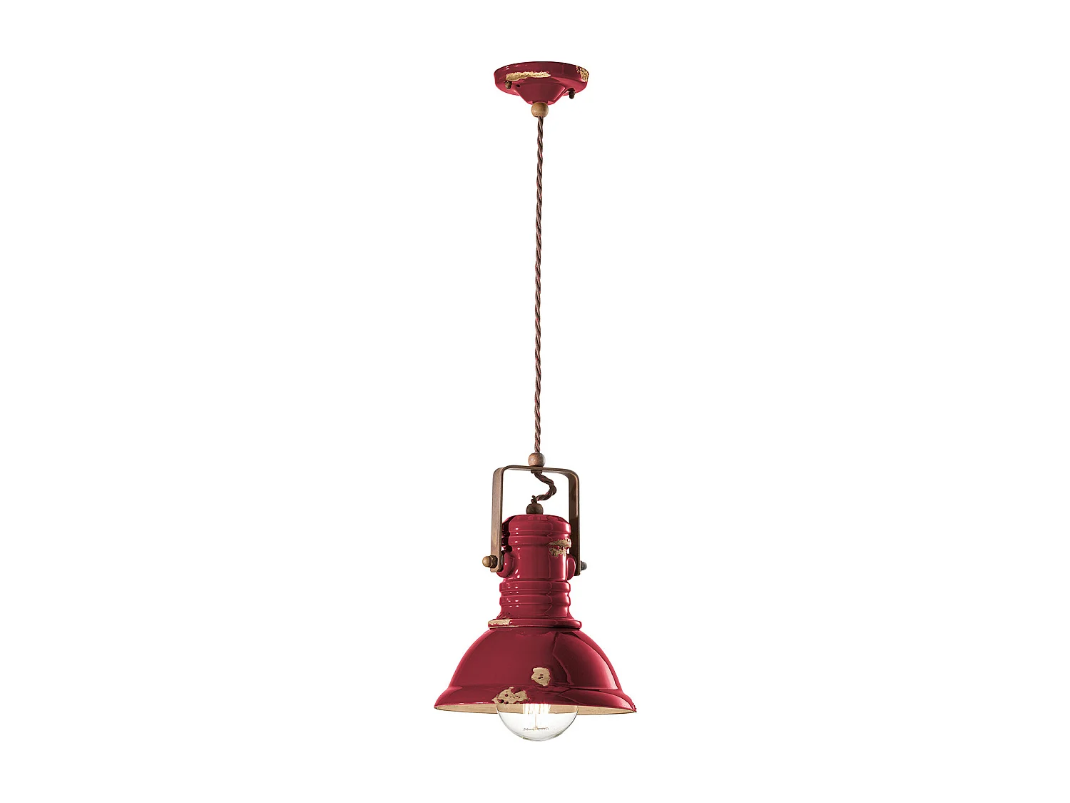 Lampadario Industrial Ferro E Ceramica Vintage Bordeaux 1 Luce E27 23Cm