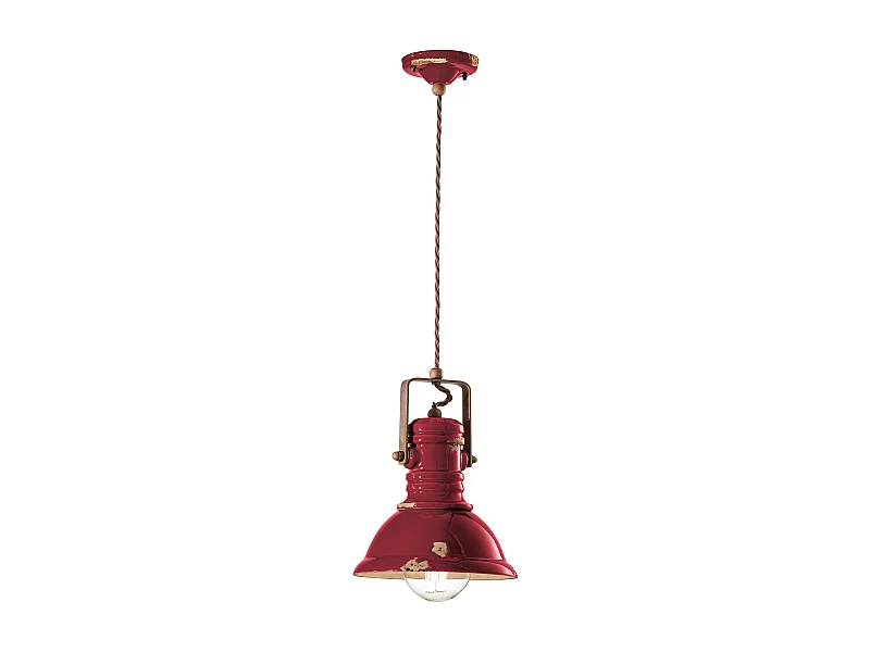 Lampadario Industrial Ferro E Ceramica Vintage Bordeaux 1 Luce E27 23Cm