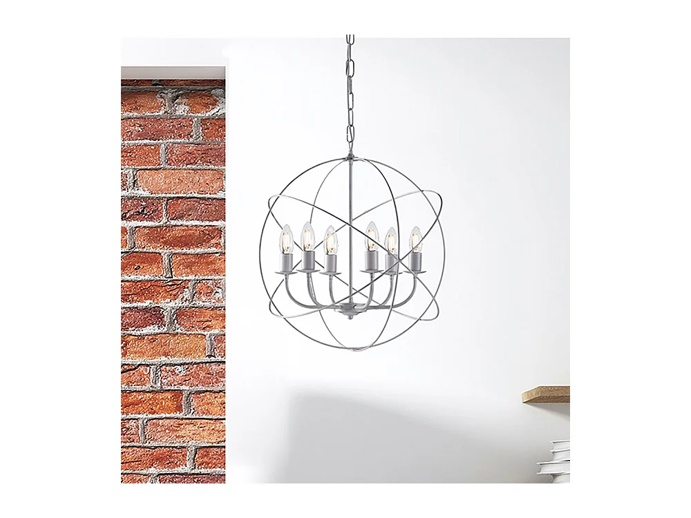 Lampadario a Sospensione 6 Luci Sfera Ferro Bianco e Argento Serie Williams