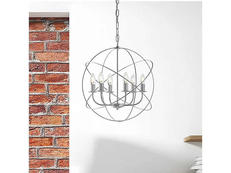 Lampadario a Sospensione 6 Luci Sfera Ferro Bianco e Argento Serie Williams