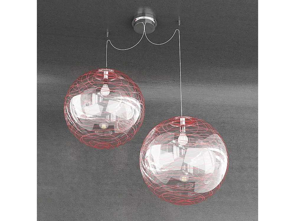 Sospensione Contemporanea Moon Metallo Cromo Vetro Rosso 2 Luci E27 D.40Cm